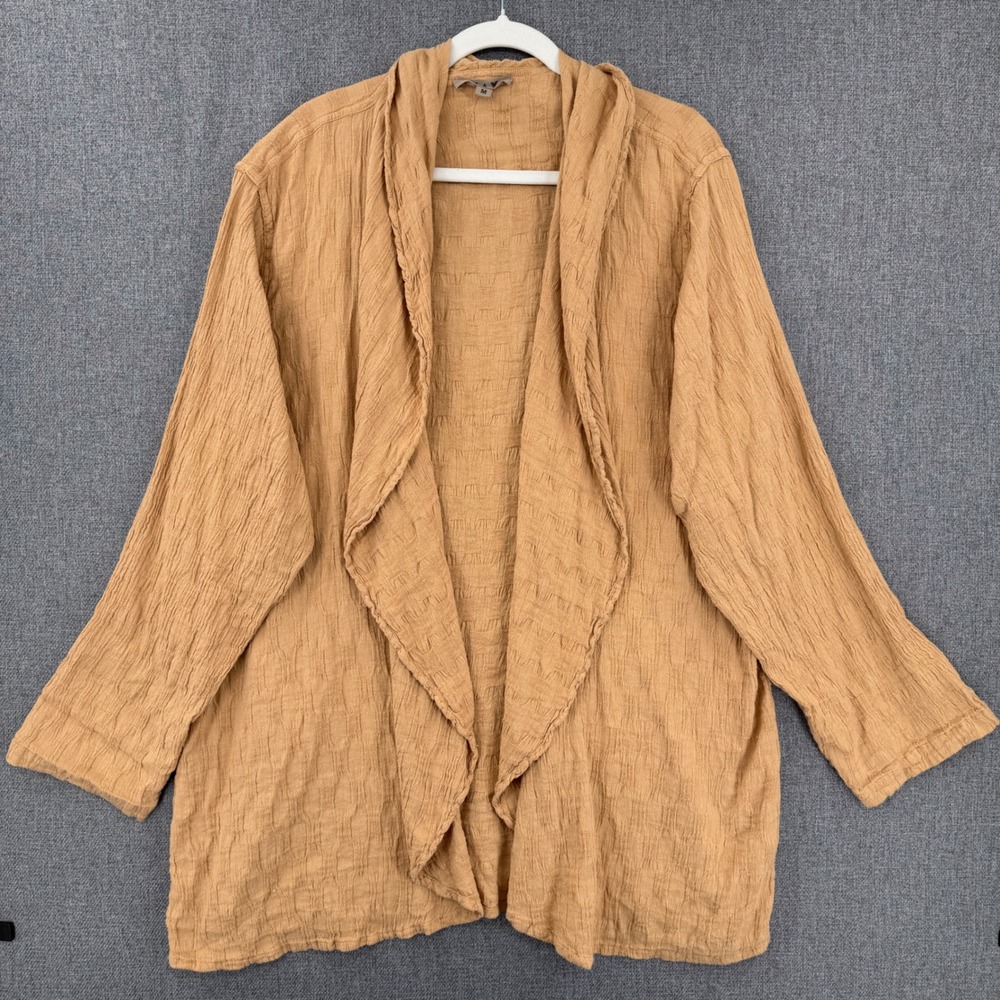 Flax Linen Cotton Open Front Cardigan Jacket Tan Brown Med Lagenlook Oversized
